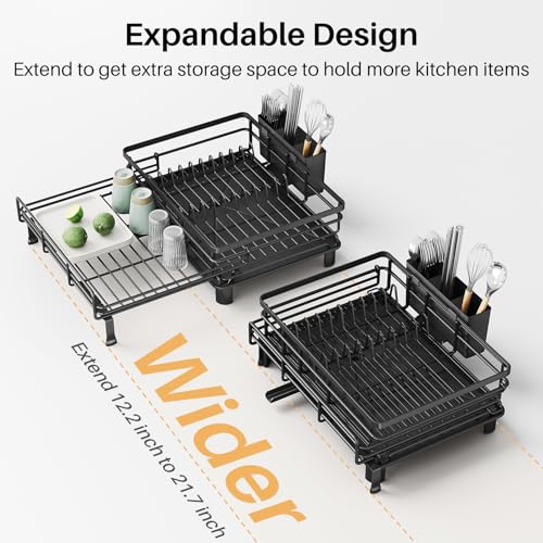 SNTD Dish Drying Rack - Extendable Dish Rack, Large Sink Drying Dish Drainer for Kitchen Counter, Stainless Steel Dish Strainer with Utensil Holder (Black) - color: Black