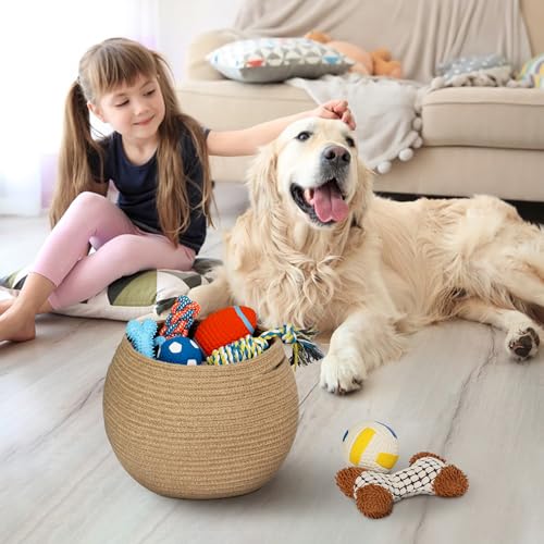 MEGASKET Decorative Wicker Storage Basket, 11" x 9" Indoor Plant Basket for Home Decor, Round Woven Dog Cat Toy Bin with Handle, Bathroom Towel Storage, Jute Planter Holder, Shelf Closet Organizer - color: Jute