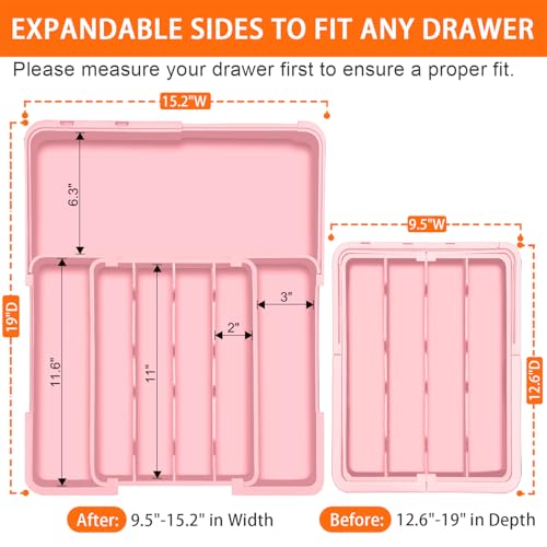 Spaclear Silverware Organizer - Expandable Silverware Drawer Organizer, Adjustable Drawer Organizer, Silverware Tray for Drawer 15.2"x 19" Utensil Drawer Organizer, Kitchen Organizers Storage, Pink - color: Pink, size: M(9.5-15.2"w x 12.6-19"d)
