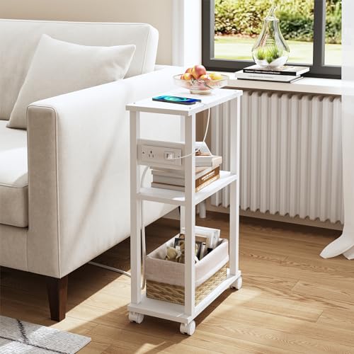 TUTOTAK Small Narrow Side Table with Charging Station, Skinny End Table for Small Spaces, Slim Nightstand with USB Ports and Outlet, Sofa Beside Table with Wheels, White TB01BW046 - color: White, size: 1 PC, style: With Plug
