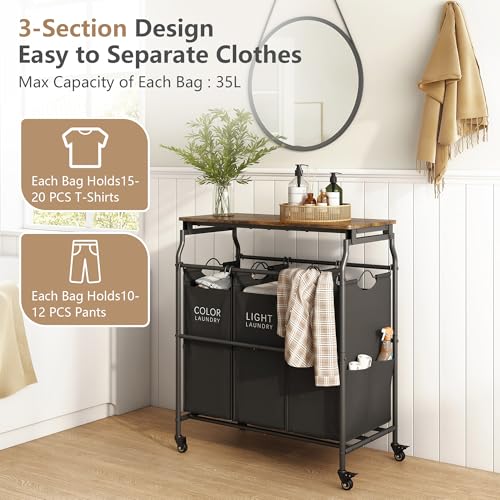 Hoctieon 3 Section Laundry Sorter Cart with Ironing Board, Laundry Hamper with Shelf and Rolling Wheels, Heavy Duty Laundry Basket Organizer, Large Clothes Separator Hamper with Removable Bags, Black - color: Black