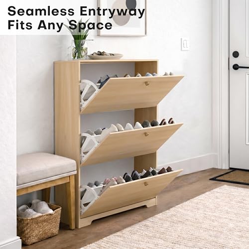 Nicetree Shoe Cabinet with 2 Flip Drawers，Freestanding Shoe Storage Cabinet, Narrow Shoe Organizer Cabinet, Farmhouse Slim Shoe Rack Cabinet for Entryway,Natural Oak with Hook - color: Natural Oak, style: 3-Drawers with Hook