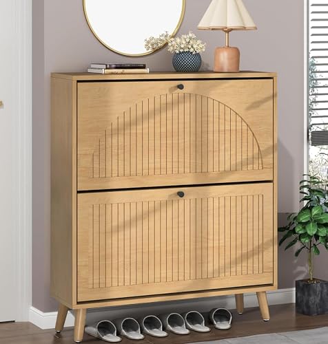 Fsbecl Shoe Storage Cabinet for Entryway with 2 Flip Drawers, Narrow Wood Shoe Cabinet with Fluted Panel, Freestanding Hidden Shoe Organizer for Foyer, Hallway (Wood Color) - color: Wood Color - With Shelf