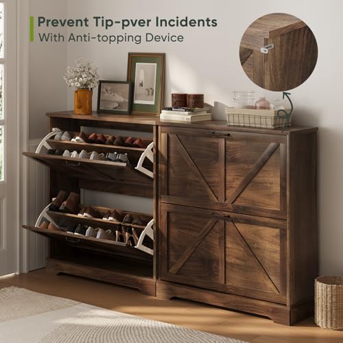 Smart FENDEE Shoe Cabinet, Shoe Storage Cabinet for Entryway with 2 Flip Drawers, Narrow Farmhouse Shoe Organizer Cabinet, Slim Shoe Rack Cabinet, 31.5in Walnut - color: Walnut, size: Width - 31.5 inches