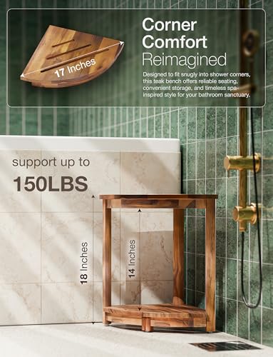 HOLANA 18" Teak Corner Shower Stool for Inside Shower – Teak Corner Shower Bench with Storage Shelf – Shower Foot Rest and Shower Stool for Shaving Legs – Compact Shower Stool for Indoor Use