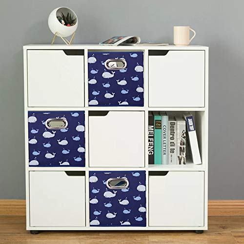 13x13x13 Inch Collapsible Storage Cubes, 3 Pack - Blue Nautical Ocean Themed with White Whale Pattern, Sturdy Cloth Cubes with Cardboard Support for Cubby Storage - color: Navy Blue-Whale