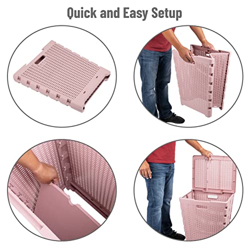 Mind Reader 61L Foldable Laundry Hamper, Clothes Basket, Lid, Wicker Design, Plastic, 18"L x 14.5"W x 21.25"H, Pink - color: Pink