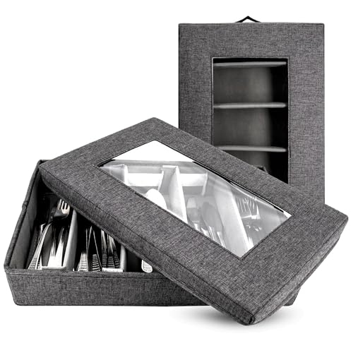 Homelux Theory Silverware Organizer with Lid, Hard Shell China Storage Containers for Flatware Storage, Heavy Duty Silverware Storage Box for Packing Serving Utensils with 5 Dividers and Thick Surface - color: Dark Gray, size: 14. Cutlery Storage