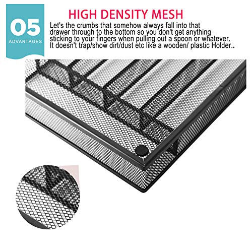 JANE EYRE Utensil Drawer Organizer, Cutlery Tray Silverware Flatware Storage Divider for Kitchen, Mesh Wire with Non-slip Foam Feet, 5 Component, Black - color: Black