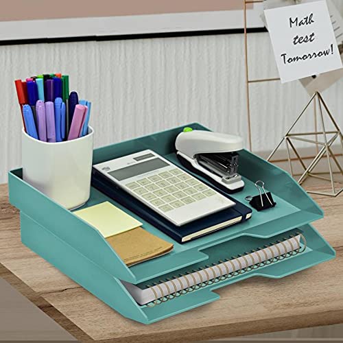 Acrimet 2 Tier Paper Organizer Letter Tray – Plastic Stackable Desk File Organizer, Side Load Paper Sorter for Letter/A4 Office File Folder Holder – Solid Green