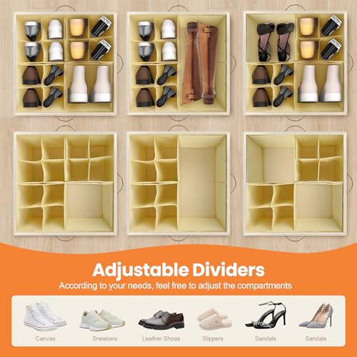 Shoe Organizer for Closet, 2 Pack Shoe Storage Organizer with Wheels and Adjustable Dividers, Stackable Shoe Storage Box with Clear Cover, Foldable Closet Shoe Organizer Fits up to 16-32 Pairs, Beige - color: Beige, size: 17"L x 17"W x 12 ½"H-2 Pack