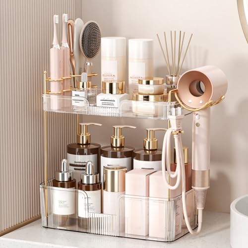 Bathroom Counter Organizer for Vanity, Makeup Organizer Countertop with Holder, Large Capacity Storage Rack, Perfect Large Skincare, Hair Care, Perfume, Easy to Install (Clear, 2Tiers) - color: Clear, size: 2 Tiers