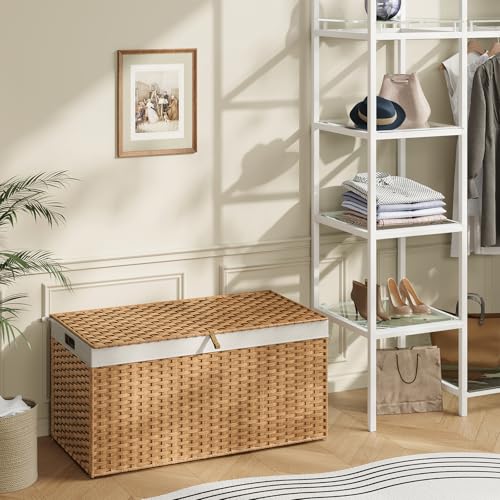 HOOBRO Storage Basket with Lid, 52.8 Gallon (200L) Wicker Basket, Handwoven Blanket Storage Basket with Handles, Metal Frame and Soft Lining, Foldable for Bedroom, Laundry Room, Natural NL220CW01 - color: Natural, size: 39.4"L x 15.7"W x 19.7"H