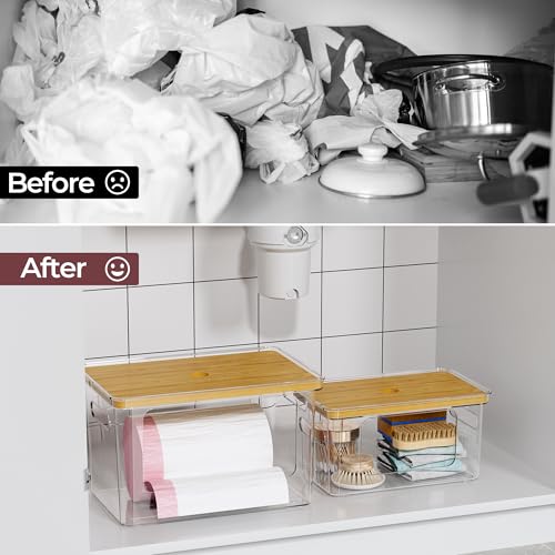 Delamu Acrylic Trash Bag Holder, 2 Pack (XL+S) Stackable Garbage Bag Dispenser, Clear Organizer Bins for Under Sink Organization, Pantry Storage, Cabinet, Kitchen, Laundry, Bathroom - size: XL+S-2 Pack