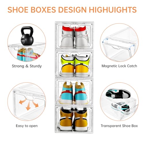 INSTY 6 Pack Large Shoe Storage Box, Clear Shoe Storage Organizer with Magnetic Door, Stackable,Shoe Containers For Display Sneakers, Easy Assembly, Fit up to US Size 12, Clear - color: Clear, size: 6