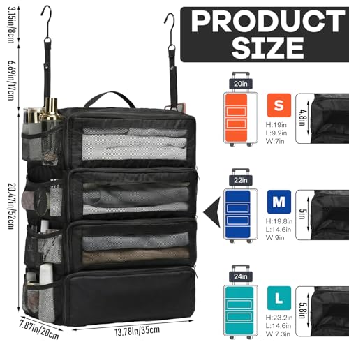Back to School Hanging Suitcase Organizer Black 4 Layer Dorm Room Clothes Storage Bag with Adjustable Hook Pack Hang Travel Organizer for College Dorms Summer Camp Closet - color: Black