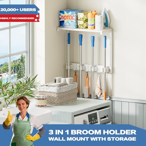 Olakee Broom Holder Wall Mount with Cleaning Supplies Organizer, Laundry Room Organization and Storage Shelves, Mop Hanger Rack with Hooks, Utility Shelf Closet Organizer for Garage Home Improvement
