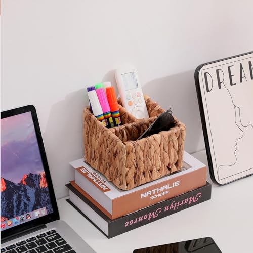 Wicker Remote Control Holder Hand Woven Water Hyacinth Storage Basket with 3 Compartments,Cosmetic Storage Box for Desk,Home Organization