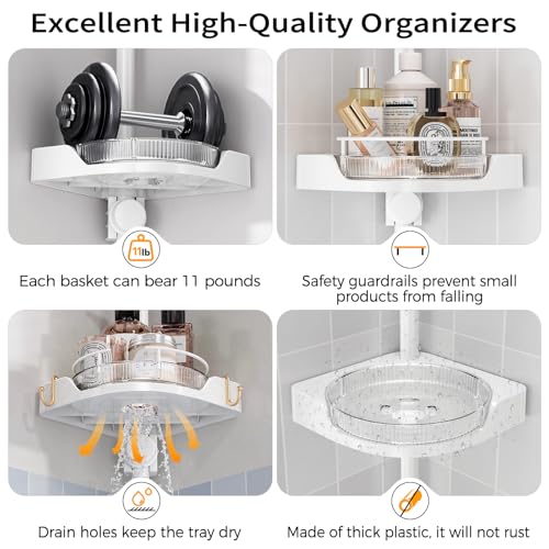 shuang qing 360° Rotating Corner Shower Caddy Tension Pole Organizer - 4-Tier Adjustable Rustproof Metal Pole, Plastic Shelves with Safety Guardrail, Bathroom Storage for Shower & Bathtub(White) - color: White, size: Rotation