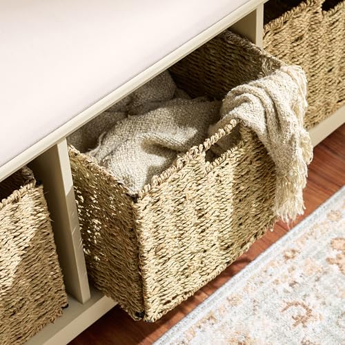 SAFAVIEH Home Collection – Lonan Sand Storage Bench with Seat Cushion, 3 Basket Drawers, Coastal Farmhouse Entryway Design (AMH5733G) - color: Sand