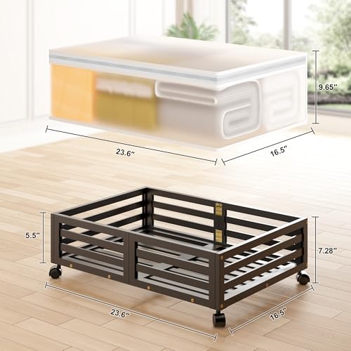 Under Bed Storage Containers With Wheels - 2 Pcs Bamboo Wood Rolling Underbed Shoe Storage Bins With Dust Bags for Clothes Blankets, Duvet Covers Snacks Toys (Black) - color: Black, size: M