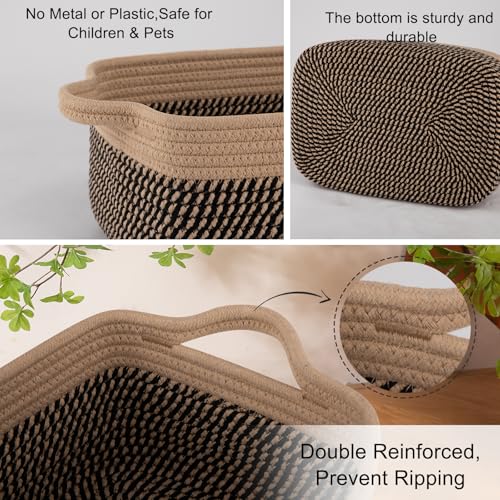 OIAHOMY 3 Pack Storage Baskets for Organizing, Woven Cotton Rope Basket for Shelves, Closet Organizer Bins with Handles, Rectangle Toy Organization, 13.78''×9.84''×5.5'', Brown & Black - color: Brown & Black, size: 13.8''×9.8''×5.5''