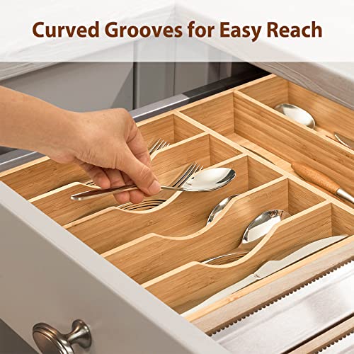 Umilife Bamboo Kitchen Drawer Organizer, 13 Inch Silverware Utensil Tray Holder, Extra Deep Grooved Drawer Divider, 7 Slots Total Bamboo Wood Caddy for Flatware Cutlery Knives, Forks, Spoons - size: 13 x 17 Inch (7 Slots)