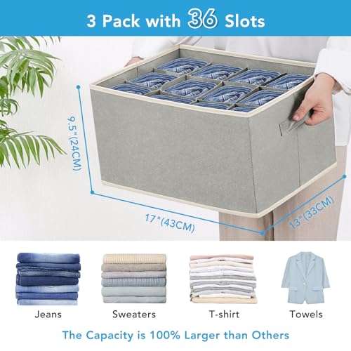 3 Pcs 12 Cell Large Size Pants Organizers for Clothes, Jeans, Sweater, T-shirt, Dress Stackable for Wardrobe Closet Drawer Organizer Storage Bin Container, Grey - color: Grey