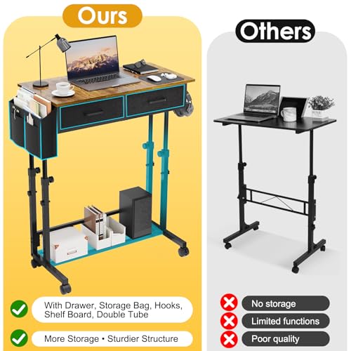 Small Rolling Standing Desk, Height Adjustable Mobile Sturdy Desk with 2 Fabric Drawers & Storage Shelf, Portable Sofa Side Laptop Table for Home Office, Small Spaces, 31.41" x 15.74", Rustic Brown