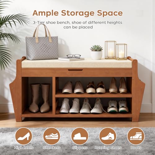 oakvivo 47.2in Shoe Bench Entryway - Bamboo Shoe Rack Bench with Storage, Shoe Rack Organizer with Cushion, 2 Side Holder, Holds Up tp 330lbs for Front Door Entrance, Living Room - size: 47.2 inch