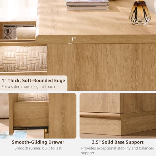 ACCOHOHO Arched Dresser for Bedroom with 9 Drawers, 52" Wide Modern Chest of Drawers with Rounded Edge & Metal Handles, Wood Storage Closet Dressers TV Stand for Living Room, Hallway, Natural Oak - color: Natural Oak, size: 15.6"D x 52"W x 32"H (9 Drawers