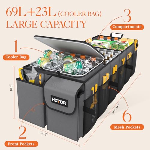 HOTOR Trunk Organizer, Sturdy Foldable with Cooler for Car & SUV, 3 Compartments, Grey, 30.90”×12.60”×10.63” - color: Grey, size: Large