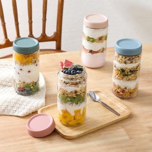 NETANY 6-pack 24oz Glass jars with Airtight Lids, Overnight Oats Containers with Lids, Wide mouth Mason Salad jars, Glass Food Storage Containers for Snacks Yogurt Spice Sugar - color: Multicolor-6pack-24oz