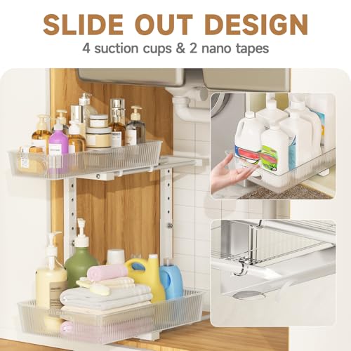 ETOYA 2 Pack Under Sink Organizer Kitchen, 2-Tier Pull Out Cabinet Organizer, L-Shaped Adjustable Height, Acrylic Under Sink Storage Shelf for Kitchen, Bathroom Vanity & Utility Closet - color: white