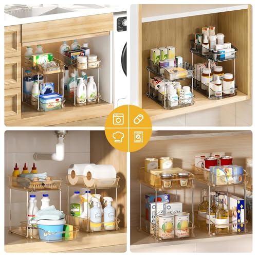Delamu 2-Tier Under Sink Organizers and Storage, Multi-Purpose Stackable Bathroom Cabinet organizers, Pull Out Kitchen Pantry Organization and Storage with Dividers(3 Pack, Amber) - color: Amber, size: 3 Pack