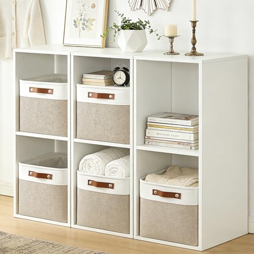 Bagnizer Storage Bins Large Fabric Storage Baskets for Shelves 3 Pack, Decorative Linen Closet Baskets with Handles for Organizing, Shelf, Clothes, Home, Office, 15x11x9.5Inches (Beige&White) - color: Beige / Off-White, size: Large -15"x11"x9.5"