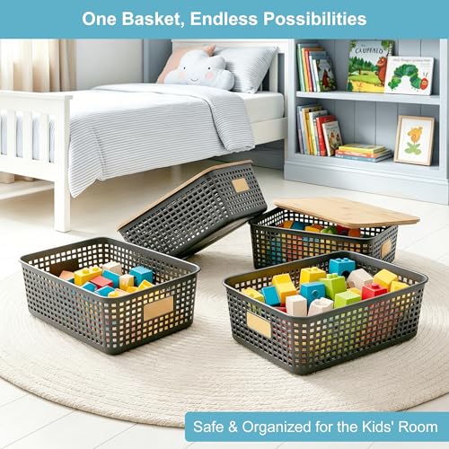 Bagnizer 4 Pack Plastic Storage Bins with Bamboo Lids, 6.2qt Stackable Storage Organizer Box with Lable for Pantry Shelves Drawers Desktop Office, 12"L x 8.5"W x 3.5"H, Gray - color: Gray, size: Shallow- 4 Pack