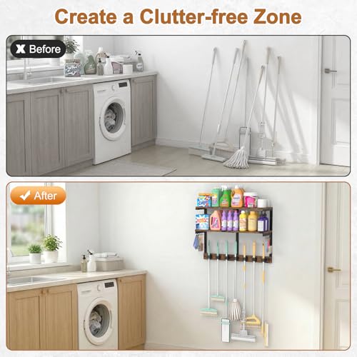 Housolution 2 Tier Broom Holder Wall Mount with Cleaning Supplies Organizer, 100 LBS High Load-Bearing Laundry Room Storage Shelves, Multifunctional Mop Hanger Rack with 7 Grippers & 8 Hooks - size: 2 Tiers