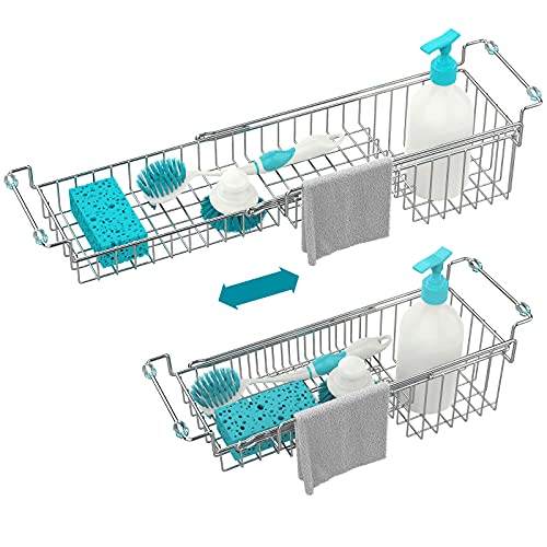 Over The Kitchen Sink Caddy Sponge Holder Organizer Drying Rack Expandable for Sponge Brush Soap Dish Cloth Rag 14.5" to 22", Stainless Steel - size: 14.5" to 22"