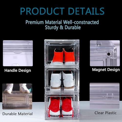 12 Pack Shoe Boxes, Clear Acrylic Plastic Shoe Boxes Stackable, Space-Saving Foldable Drop Front Shoe Storage Boxes Container for With Lids Fits Up to Size 15 (Transparency) - color: Transparency 2