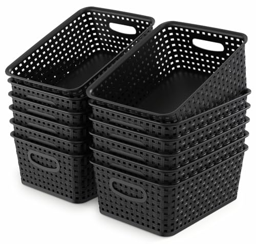 WYT 12-Pack Plastic Small Shelf Storage Weave Baskets for Organizing, Black - color: Black, size: 12-Pack