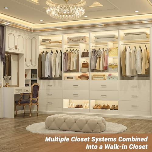Besiost 4FT Closet Systems with 5 Wood Drawers, 48 Inch Closet Organizer System with 2 Hanging Rods & 7 Shelves, Heavy Duty 48" Walk-in Closet , White (48"L x 15" W x 80" H) - color: White