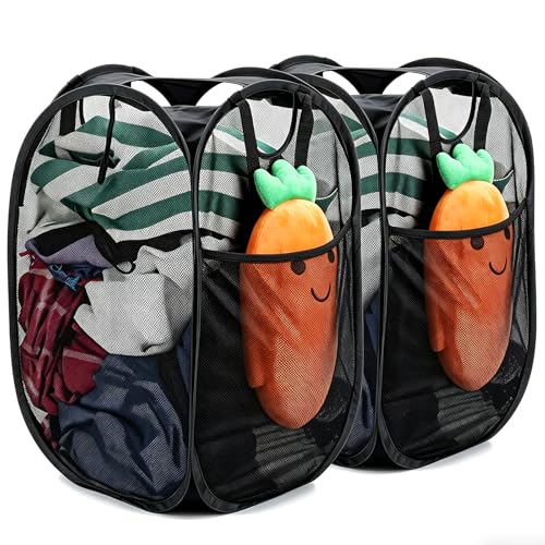 2 Pcs Strong Mesh Pop-up Laundry Hamper, Quality Pop Up Hampers for Laundry with Durable Handles Solid Bottom High Carbon Steel Frame, Easy to Open and Fold Flat for Storage(Black) - color: Black, size: 2-Pack