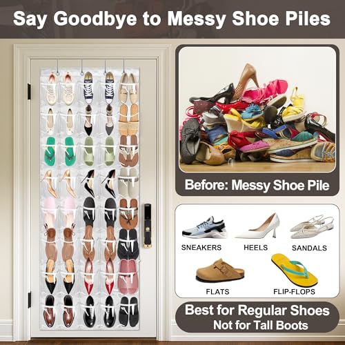 Over the Door Shoe Organizer with 40 Clear PVC Pockets – Waterproof Hanging Shoe Holder for Closet & Bathroom – Space-Saving Door Shoe Rack for Shoes, Toys, Toiletries & Snacks (White) - color: White
