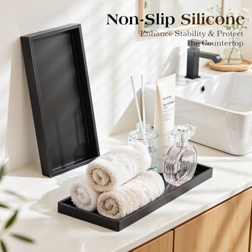 Luxspire Bathroom Vanity Tray, 11.8 x 5.1 Silicone Kitchen Counter Tray for Soap Dispenser, Bathroom Countertop Organizer for Perfume Soap Towel Bathroom Accessories, 2 Packs, Matte Black - color: Matte Black, size: 11.81 × 5.12 × 0.79 in