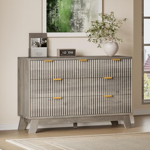 BORNOON Fluted 7 Drawer Dresser, 47.2" Wide Modern Boho Chest of Drawers, Wooden Storage Dresser TV Stand for Bedroom, Living Room, Closet, Hallway, Curved Profile Design - color: Rustic Drift, size: 7-Drawer