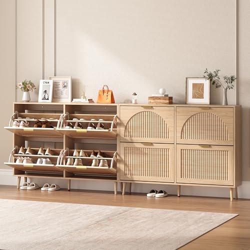 BORNOON Shoe Cabinet for Entryway with 4 Flip Drawers, Slim Wooden Shoe Storage Organizer with Modern Fluted Pannel，Freestanding Narrow Hidden Shoe Rack for Hallway, Foyer, Living Room - color: Oak, size: 4 Flip Drawers