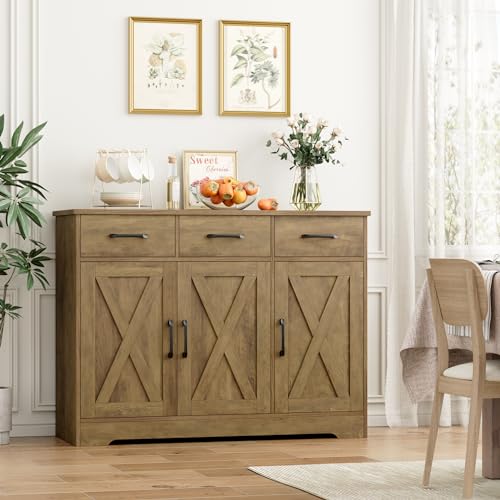 HOSTACK Modern Farmhouse Buffet Sideboard Cabinet, Barn Doors Storage Cabinet with Drawers and Shelves, Wood Coffee Bar Station for Dining Room, Kitchen, Living Room, Rustic Brown - color: Rustic Brown