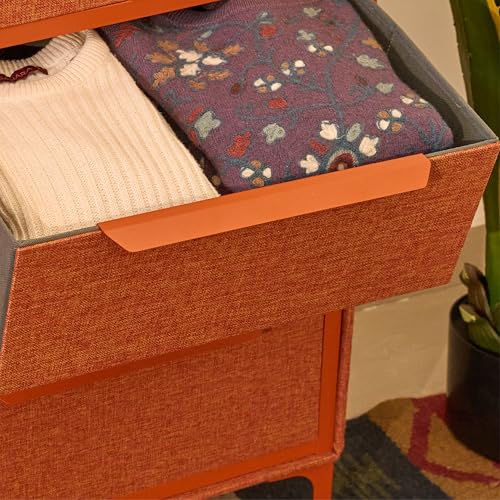 tinge Naima Premium Fabric Dresser - Strong Metal Frame, 5 Spacious Sag-Proof Drawers with Sleek Metal Handles - Premium & Durable Storage Solution for Your Home (Orange) - color: Golden Hour (Orange), size: 14"D x 23.5"W x 41.8"H (5 Drawers)