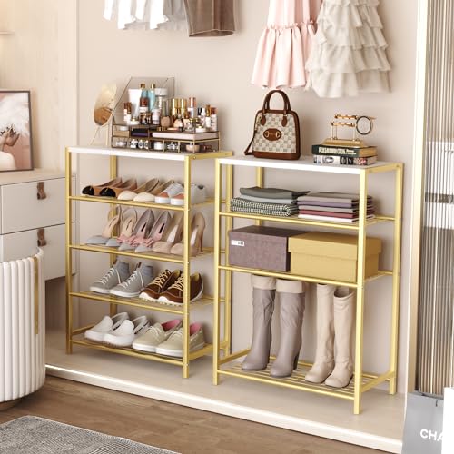 HOMEFORT 5-Tier Shoe Rack, Shoe Storage Shelf, Industrial Shoe Tower, Narrow Shoe Organizer for Closet Entryway, Small Shoe Rack Table with Durable Metal Shelves, Gold - color: Gold, size: 5-Tier (11.8"D x 23.23"W x 32.68"H)